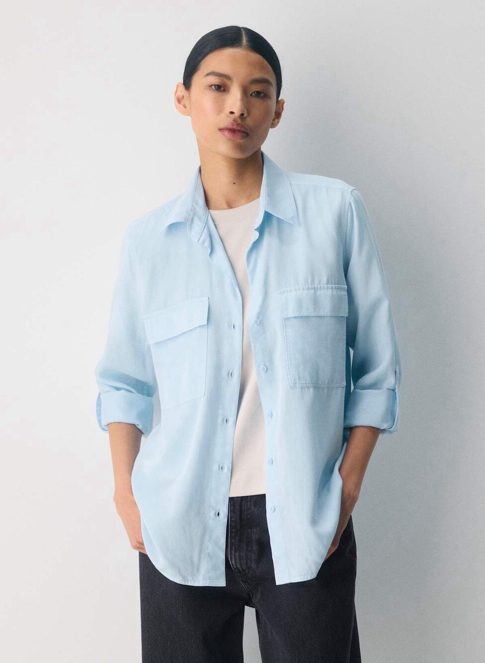 Aritzia Babaton Utility Shirt Button Down Light Blue Tab Sleeve Drapey XS